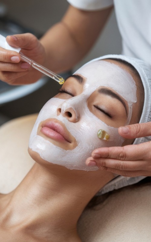 Schöne Frau, die in einem Spa eine Serum-Anwendung zur Hautpflege erhält