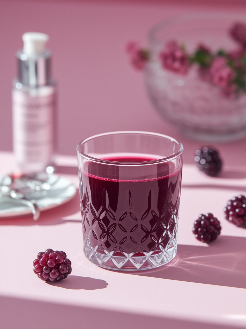Ein Glas mit dunklem Beerensaft steht auf rosa Untergrund neben frischen Brombeeren