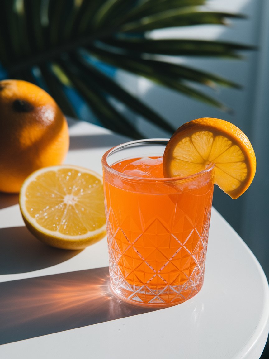 Ein Glas mit orangefarbenem Getränk und Zitronenscheibe steht auf einem weißen Tisch