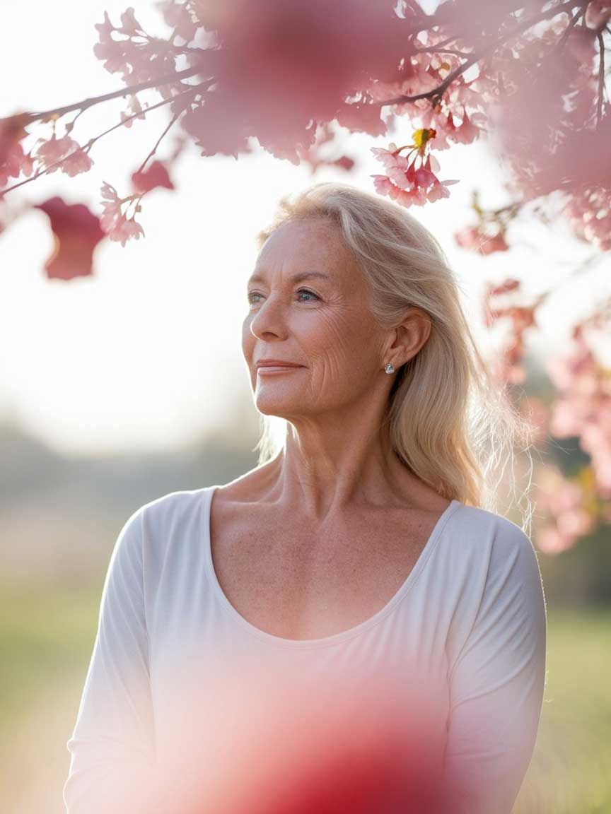 Eine ältere Frau mit langem blondem Haar lächelt sanft unter blühenden Kirschzweigen